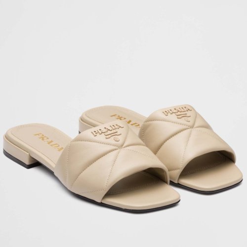Cheap Reps Prada Womens Slides Sandals In Beige Nappa Leather