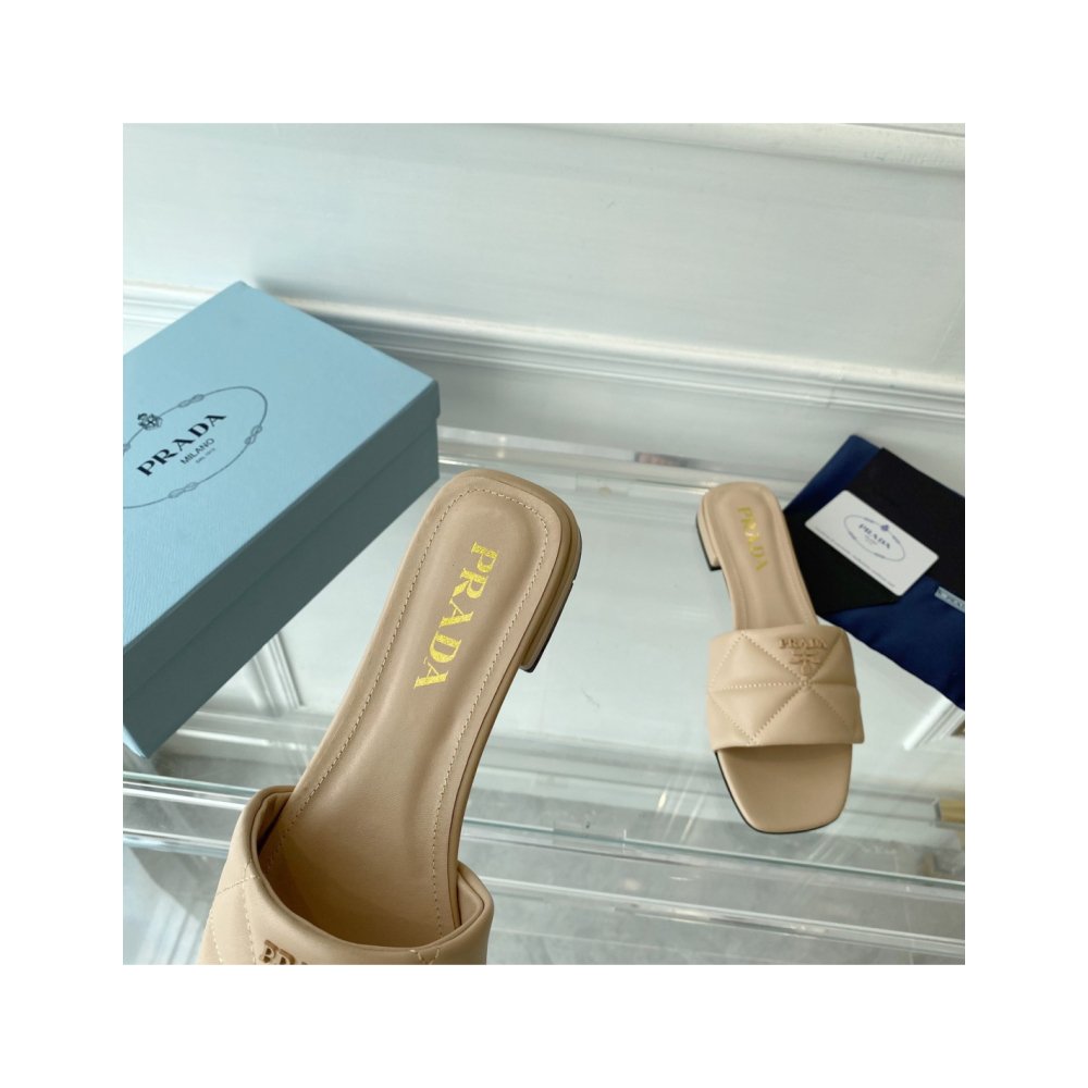 Cheap Reps Prada Womens Slides Sandals In Beige Nappa Leather