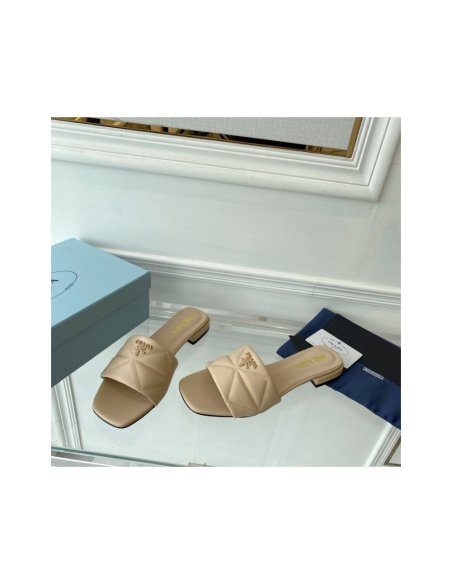 Cheap Reps Prada Womens Slides Sandals In Beige Nappa Leather