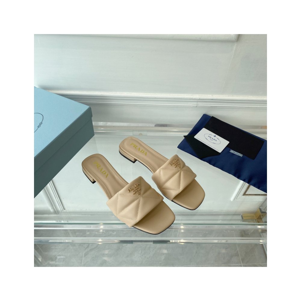 Cheap Reps Prada Womens Slides Sandals In Beige Nappa Leather