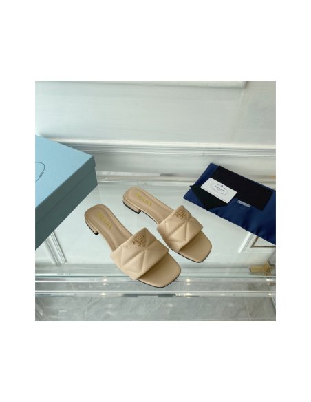 Cheap Reps Prada Womens Slides Sandals In Beige Nappa Leather