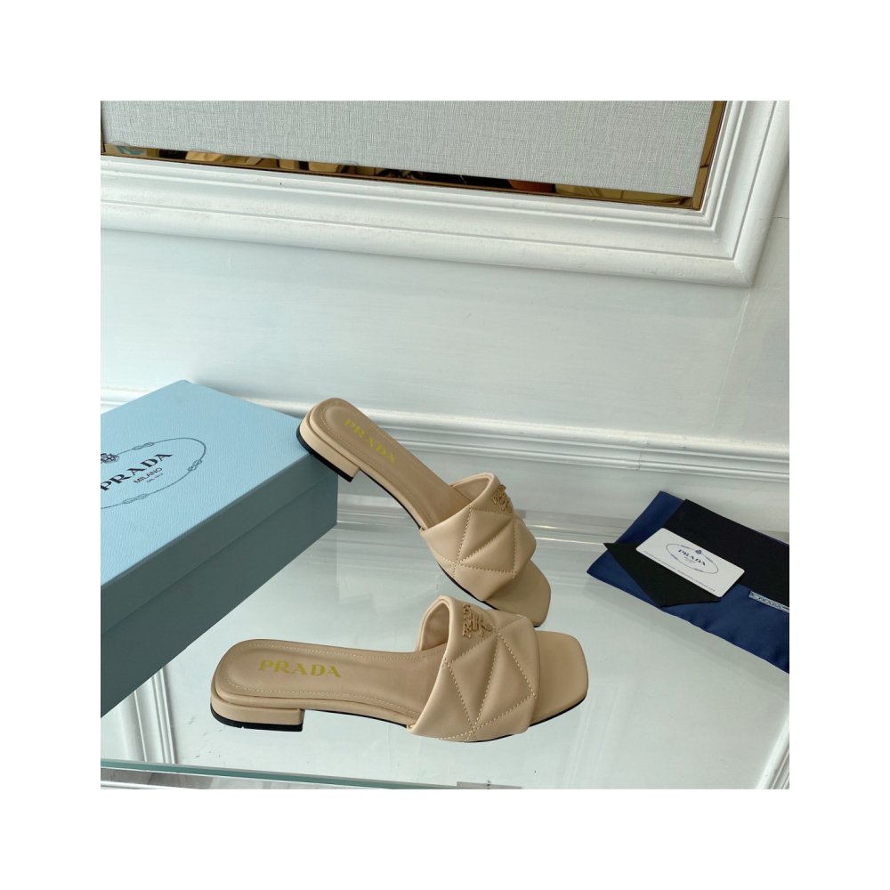 Cheap Reps Prada Womens Slides Sandals In Beige Nappa Leather