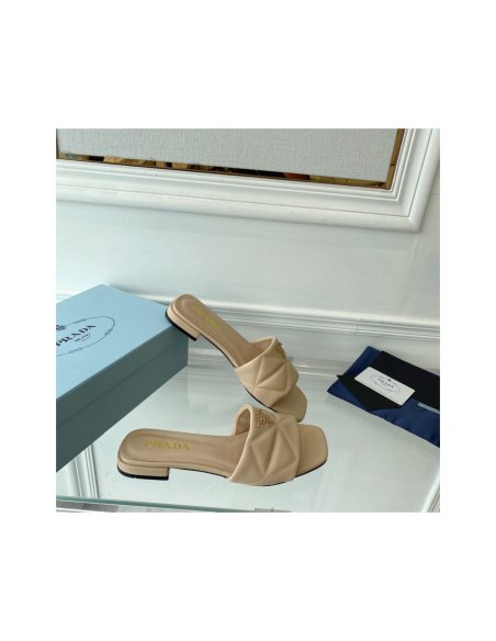 Cheap Reps Prada Womens Slides Sandals In Beige Nappa Leather