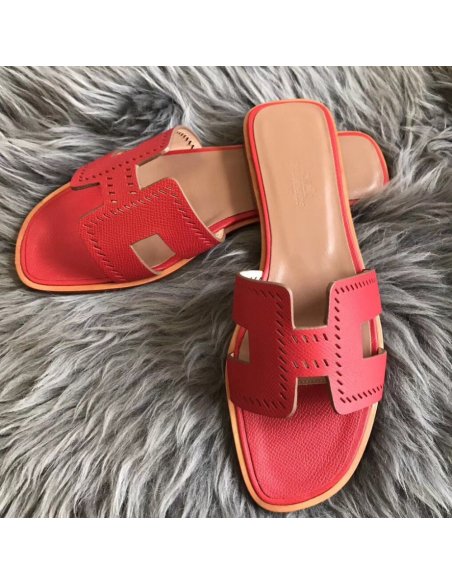 Cheap Reps Hermes Oran Slide Sandals In Red Epsom Perforated Calfskin