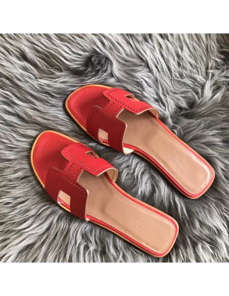 Cheap Reps Hermes Oran Slide Sandals In Red Epsom Perforated Calfskin