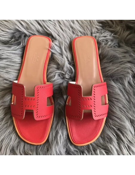 Cheap Reps Hermes Oran Slide Sandals In Red Epsom Perforated Calfskin
