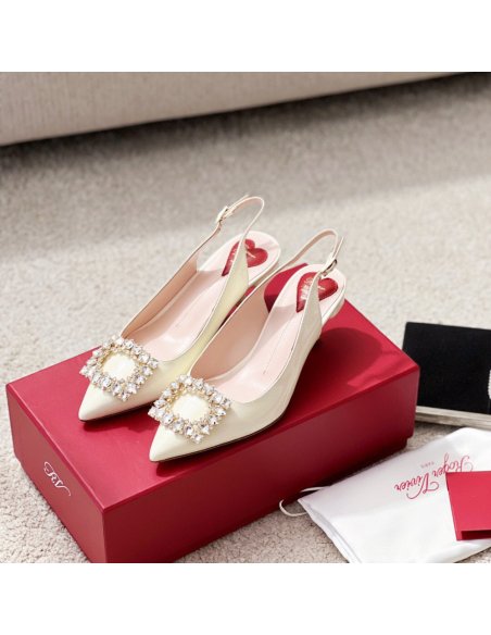 Cheap Reps Roger Vivier Virgule Strass Buckle Slingback Pumps in White Patent Leather