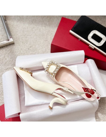 Cheap Reps Roger Vivier Virgule Strass Buckle Slingback Pumps in White Patent Leather