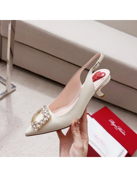 Cheap Reps Roger Vivier Virgule Strass Buckle Slingback Pumps in White Patent Leather