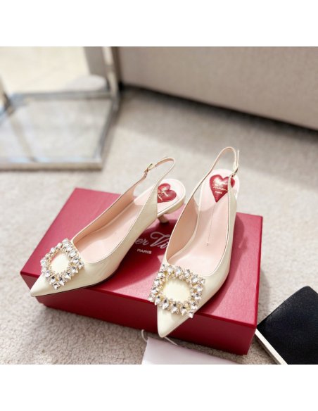 Cheap Reps Roger Vivier Virgule Strass Buckle Slingback Pumps in White Patent Leather