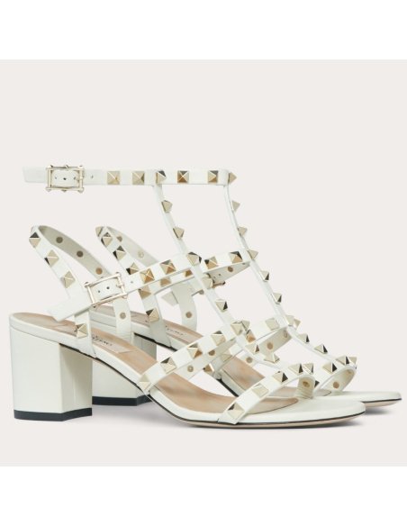 Cheap Reps Valentino Rockstud Ankle Strap Sandals 60mm In White Calfskin