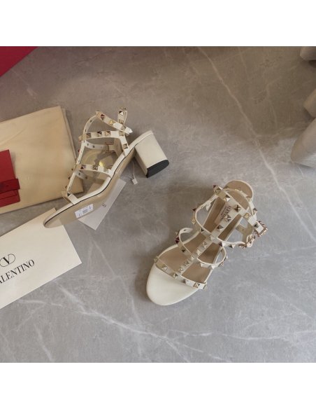 Cheap Reps Valentino Rockstud Ankle Strap Sandals 60mm In White Calfskin
