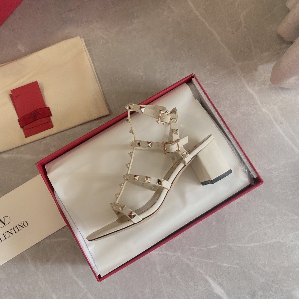 Cheap Reps Valentino Rockstud Ankle Strap Sandals 60mm In White Calfskin