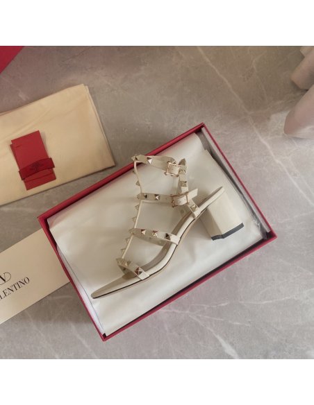 Cheap Reps Valentino Rockstud Ankle Strap Sandals 60mm In White Calfskin
