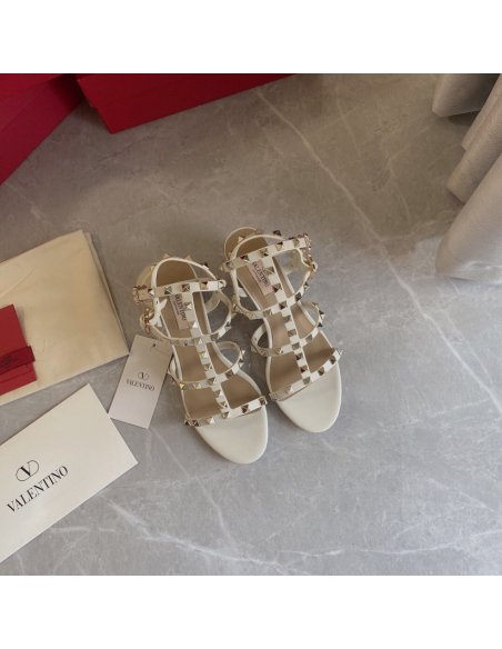 Cheap Reps Valentino Rockstud Ankle Strap Sandals 60mm In White Calfskin