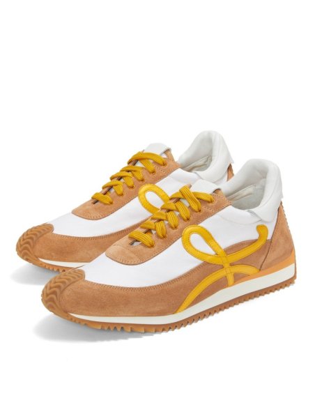 Cheap Reps Loewe Womens Flow Runner Sneakers in White Nylon and Tan Suede
