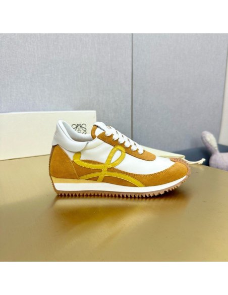 Cheap Reps Loewe Womens Flow Runner Sneakers in White Nylon and Tan Suede