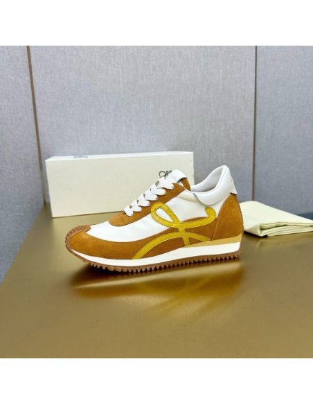 Cheap Reps Loewe Womens Flow Runner Sneakers in White Nylon and Tan Suede