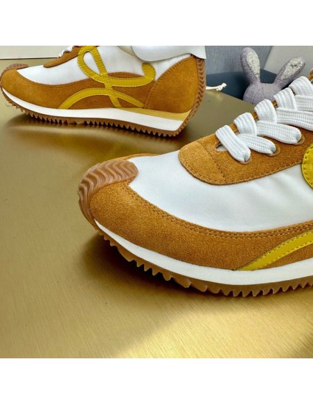 Cheap Reps Loewe Womens Flow Runner Sneakers in White Nylon and Tan Suede