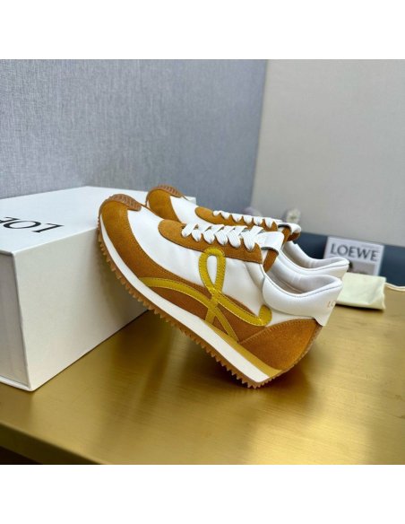Cheap Reps Loewe Womens Flow Runner Sneakers in White Nylon and Tan Suede