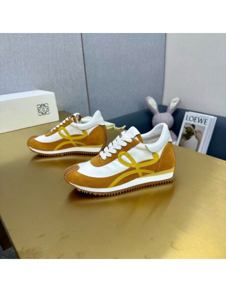 Cheap Reps Loewe Womens Flow Runner Sneakers in White Nylon and Tan Suede
