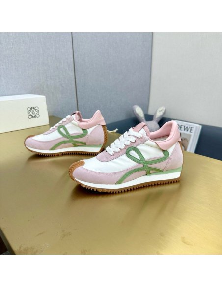 Cheap Reps Loewe Womens Flow Runner Sneakers in White Nylon and Pink Suede