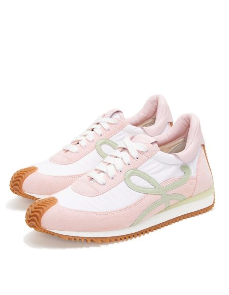 Cheap Reps Loewe Womens Flow Runner Sneakers in White Nylon and Pink Suede