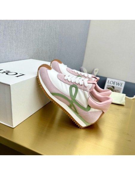 Cheap Reps Loewe Womens Flow Runner Sneakers in White Nylon and Pink Suede