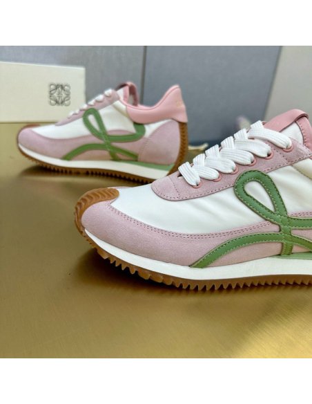 Cheap Reps Loewe Womens Flow Runner Sneakers in White Nylon and Pink Suede