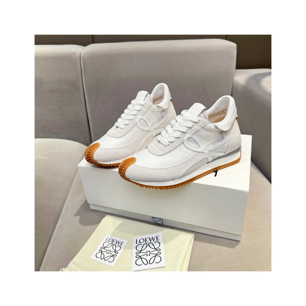 Cheap Reps Loewe Womens Flow Runner Sneakers in White Nylon and Suede