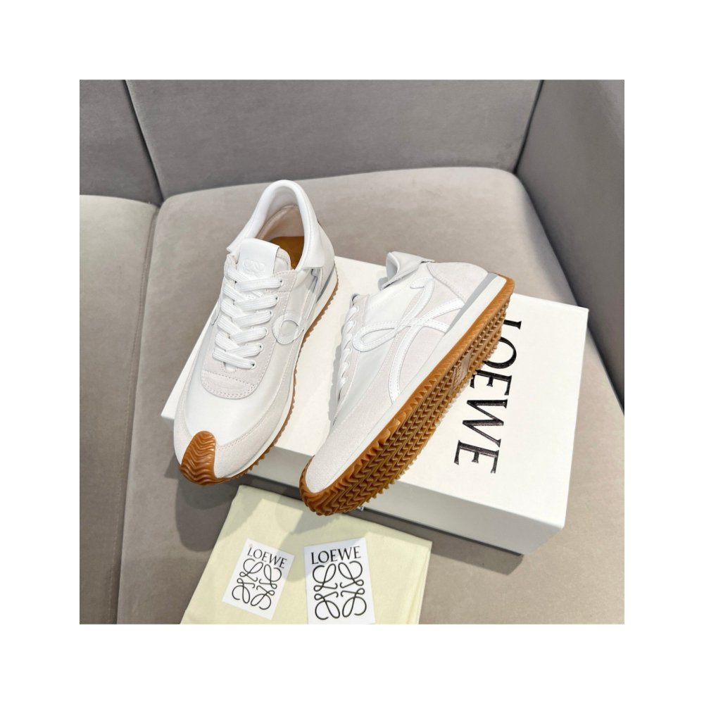 Cheap Reps Loewe Womens Flow Runner Sneakers in White Nylon and Suede