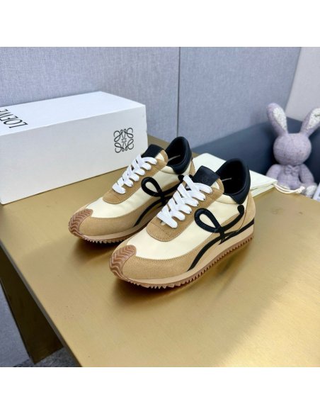 Cheap Reps Loewe Womens Flow Runner Sneakers in Beige Nylon and Suede
