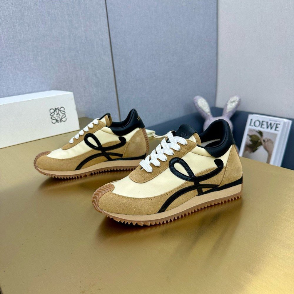 Cheap Reps Loewe Womens Flow Runner Sneakers in Beige Nylon and Suede