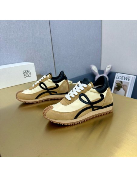 Cheap Reps Loewe Womens Flow Runner Sneakers in Beige Nylon and Suede