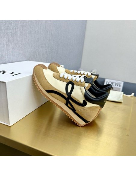 Cheap Reps Loewe Womens Flow Runner Sneakers in Beige Nylon and Suede