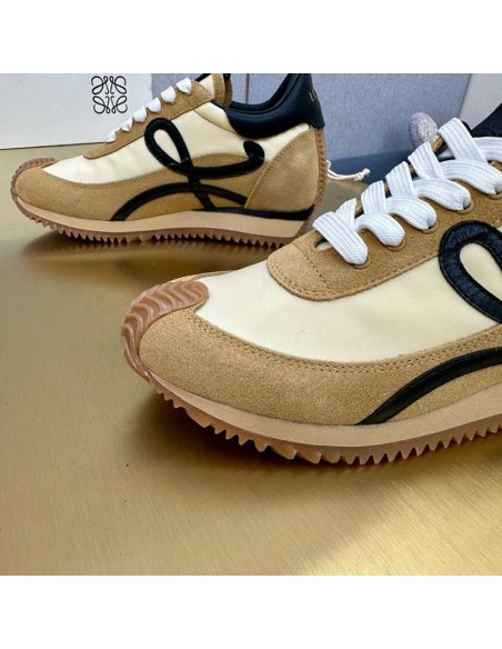 Cheap Reps Loewe Womens Flow Runner Sneakers in Beige Nylon and Suede