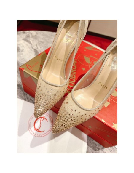 Cheap Reps Christian Louboutin Follies Strass Pumps 100mm In Nude Mesh