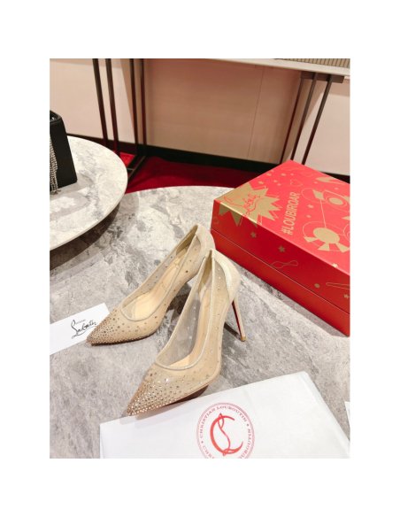 Cheap Reps Christian Louboutin Follies Strass Pumps 100mm In Nude Mesh