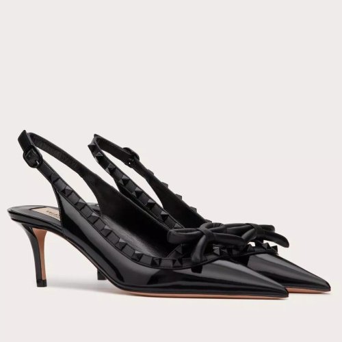 Cheap Reps Valentino Rockstud Bow Slingback Pumps 60mm in Black Patent Leather