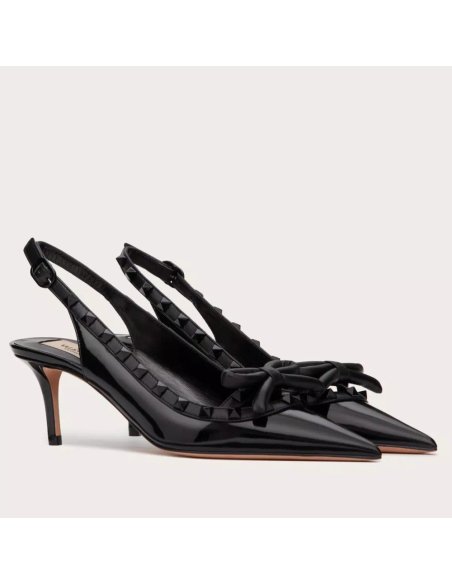 Cheap Reps Valentino Rockstud Bow Slingback Pumps 60mm in Black Patent Leather