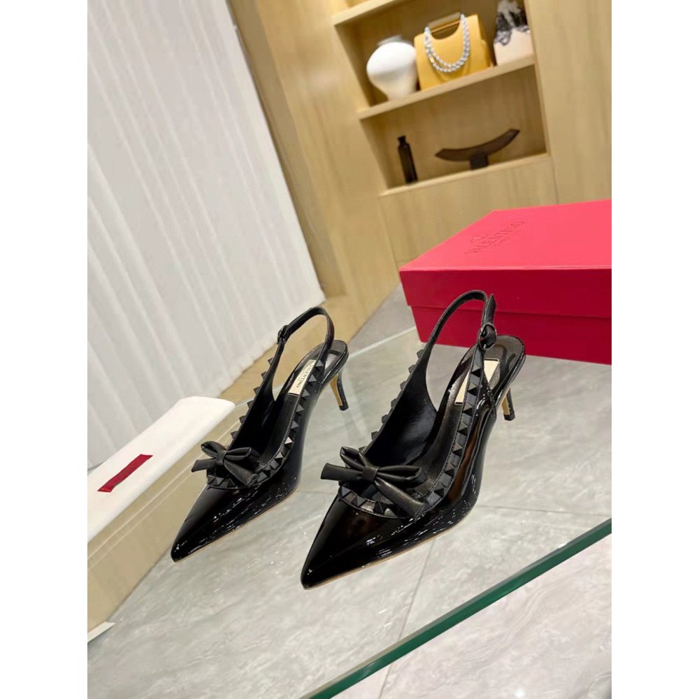 Cheap Reps Valentino Rockstud Bow Slingback Pumps 60mm in Black Patent Leather