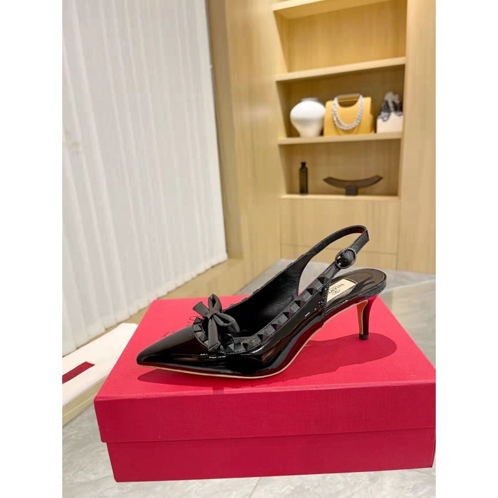 Cheap Reps Valentino Rockstud Bow Slingback Pumps 60mm in Black Patent Leather