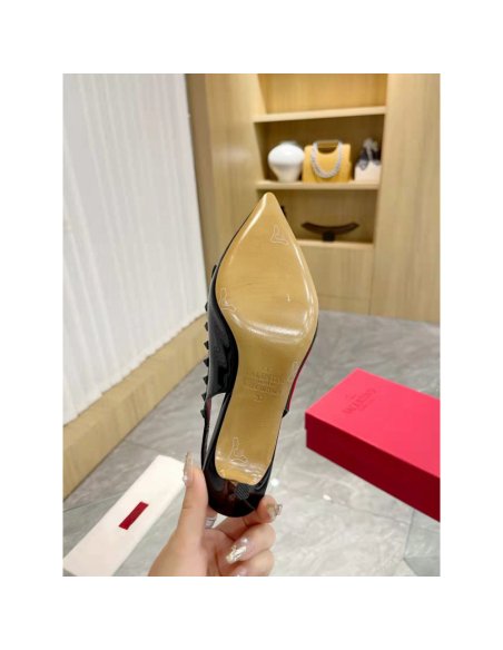 Cheap Reps Valentino Rockstud Bow Slingback Pumps 60mm in Black Patent Leather