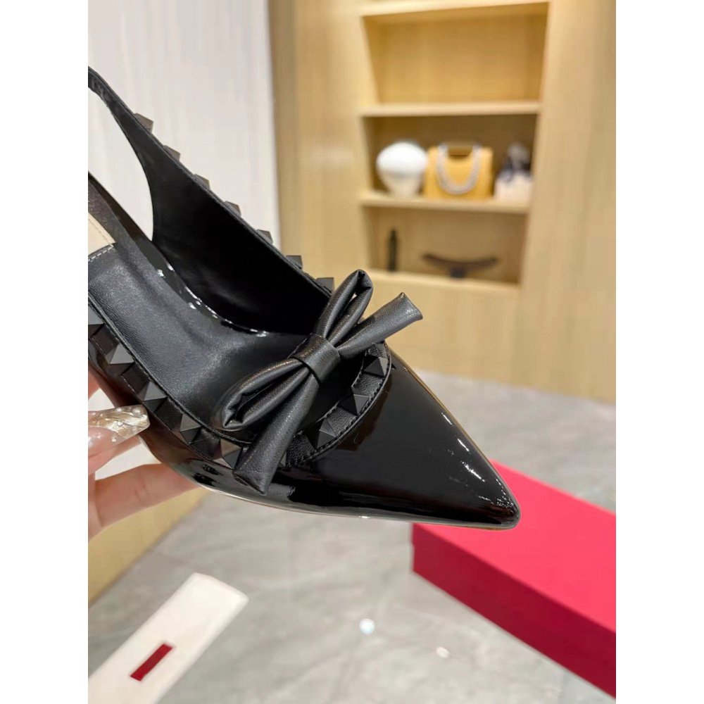 Cheap Reps Valentino Rockstud Bow Slingback Pumps 60mm in Black Patent Leather