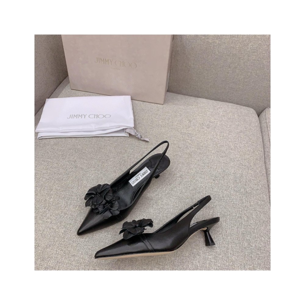 Cheap Reps Jimmy Choo Amita Flowers 45mm Slingback Pumps in Black Leather