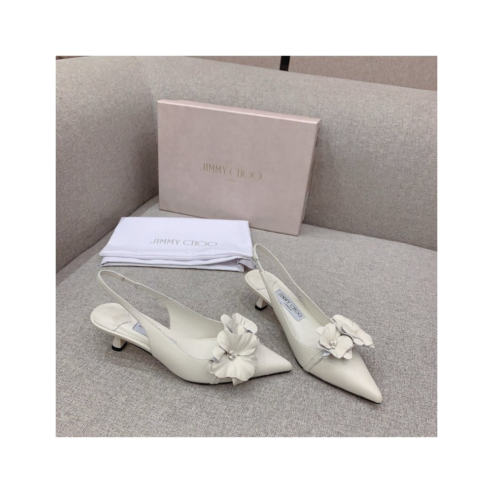 Cheap Reps Jimmy Choo Amita Flowers 45mm Slingback Pumps in White Leather