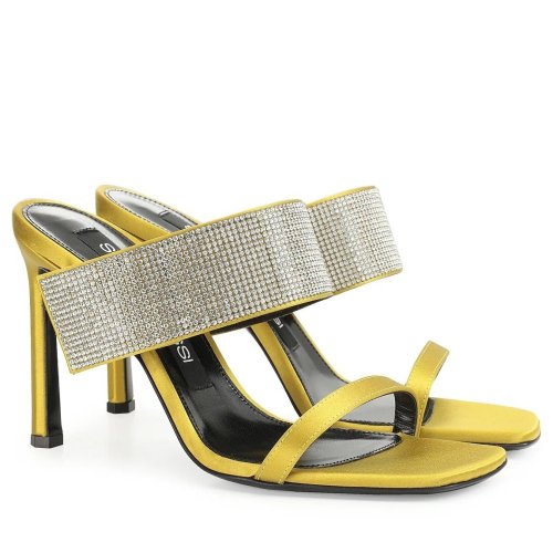 Cheap Reps Sergio Rossi SR Paris Sandals 90MM in Yellow Satin with Rhinestones