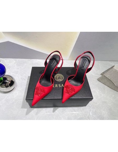 Cheap Reps Versace La Medusa Slingback Pumps In Red Satin