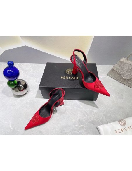 Cheap Reps Versace La Medusa Slingback Pumps In Red Satin