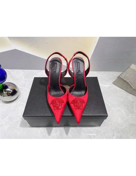Cheap Reps Versace La Medusa Slingback Pumps In Red Satin
